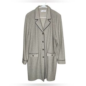 St. John Collection Gray Beige Santana Knit Long Jacket Size 12/14 Gold Buttons
